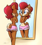 anthro black_nose blue_eyes bottomwear breasts brown_body brown_fur clothed clothing eyelashes eyeshadow female fur furgonomic_bottomwear furgonomics hair makeup mirror navel panties pink_clothing pink_eyeshadow pink_panties pink_underwear red_hair scut_tail short_tail solo tail topless underwear shieltar archie_comics sega sonic_the_hedgehog_(archie) sonic_the_hedgehog_(comics) sonic_the_hedgehog_(series) sally_acorn chipmunk ground_squirrel mammal rodent sciurid 2017 hi_res