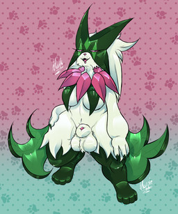 3_fingers 4_toes animal_genitalia anthro ball_tuft balls bodily_fluids breasts claws cute_fangs dotted_background drooling fangs featureless_breasts feet fingers footprint fur genitals gradient_background green_body green_fur gynomorph intersex looking_at_viewer looking_pleasured nude open_mouth pattern_background pawprint penis penis_tip pink_eyes pink_nose saliva sheath simple_background solo teeth text toes tongue tuft nintendo pokemon generation_9_pokemon meowscarada pokemon_(species) 5:6 artist_name hi_res