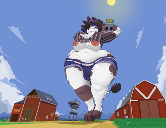 anthro areola barn bottomwear breasts building bulge carrying_another clothing cloud farm gynomorph hooves intersex macro nipples shorts sky smile solo sun truck unguligrade vehicle walking wide_hips commoddity bovid bovine cattle mammal 2019 absurd_res hi_res