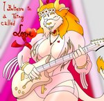 anthro breasts cleavage clothed clothing collar female flower flower_crown flower_garland forehead_gem fur garland gem guitar hair heart_symbol horn jewelry muscular muscular_female musical_instrument orange_hair plant playing_music plucked_string_instrument smile solo string_instrument teeth text thick_thighs whitestellar whitestellar_(character) felid hybrid liger lion mammal pantherine tiger hi_res