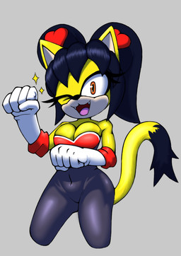 anthro armwear black_body black_bodysuit black_clothing black_fur black_hair black_nose black_skinsuit bodysuit breasts cleavage clothed clothing cosplay dipstick_tail elbow_gloves eyelashes fangs female front_view fur gloves grey_background hair handwear looking_at_viewer markings navel_outline one_eye_closed open_mouth open_smile orange_eyes pigtails simple_background skinsuit smile solo tail tail_markings tan_body tan_fur teeth thick_thighs tight_clothing white_clothing white_gloves white_handwear wide_hips wink winking_at_viewer yellow_body yellow_fur thecakeee sega sonic_the_fighters sonic_the_hedgehog_(series) honey_the_cat rouge_the_bat domestic_cat felid feline felis mammal