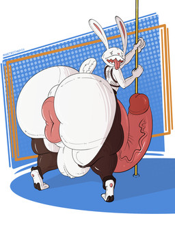 anthro anus balls big_anus big_balls big_butt big_penis butt chaps clothing fishnet_clothing fishnet_topwear genitals huge_anus huge_balls huge_butt huge_penis hyper hyper_anus hyper_balls hyper_butt hyper_genitalia hyper_penis male penis pole solo stripper_pole topwear metrothefox sam_and_max max_(sam_and_max) lagomorph leporid mammal rabbit absurd_res hi_res