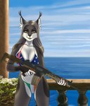 anthro australian_flag_bikini bikini clothing female flag_bikini gun irish_flag_bikini ranged_weapon solo swimwear two-piece_swimsuit weapon cinnameana penelope_o'grady felid feline lynx mammal absurd_res hi_res