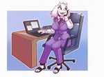 2_horns anthro belt big_breasts black_necktie bottomwear breasts cellphone chair clothed clothing computer desk electronics eyebrows eyelashes feet female fingers floppy_ears footwear fully_clothed fur furniture happy holding_cellphone holding_object holding_phone holding_smartphone horn laptop necktie office_chair office_lady open_mouth open_smile outline pants phone pink_tongue purple_bottomwear purple_clothing purple_pants purple_suit purple_topwear purple_vest sandals shirt shoes sitting smartphone smile solo suit table teeth text toes tongue topwear vest white_body white_clothing white_fur white_outline white_shirt white_topwear 4chan_anon unknown_artist undertale_(series) toriel boss_monster_(undertale) bovid caprine mammal 2025 character_name digital_media_(artwork) english_text full-length_portrait portrait shaded soft_shading