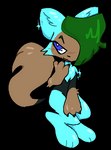 ambiguous_gender anthro black_body black_fur black_nose blue_body blue_eyes blue_fur blush blush_lines brown_body brown_fur chest_tuft chibi claws digitigrade eyebrows facial_markings feet finger_claws fluffy fluffy_tail fur gloves_(marking) green_hair hair hair_over_eye handpaw head_markings hindpaw lidded_eyes markings mask_(marking) multicolored_body multicolored_fur one_eye_obstructed paws pointy_ears prick_ears raised_eyebrow smile solo sparkles tail tuft upturned_eyes stagpartyyy glimmer_(dreamscreep) domestic_cat felid feline felis mammal alpha_channel colored digital_media_(artwork) female_(lore) nonbinary_(lore)