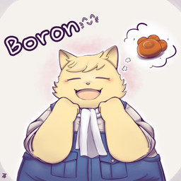 anthro blush bodily_fluids bread clothing drooling eyes_closed food kemono overalls overweight paw_bread saliva shirt simple_background solo text topwear popolipo00 cyberconnect2 fuga:_melodies_of_steel little_tail_bronx boron_brioche domestic_cat felid feline felineko felis mammal 1:1 2021 hi_res