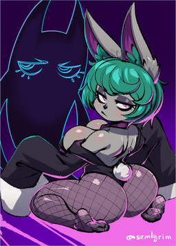 animal_ears animal_nose annoyed bare_back big_breasts big_butt big_ears biped black_clothing black_eyeshadow black_legwear black_leotard black_nose black_topwear blush breasts bubble_butt bunny_costume butt cleavage clothed clothed_female clothed_humanoid clothing costume curvy_figure ear_tuft eyebrows eyelashes eyeshadow fake_tail feet female female_focus female_humanoid fishnet_clothing fishnet_leggings fishnet_legwear frown frowning_at_viewer fur glistening glistening_body glistening_butt green_eyebrows green_hair green_inner_ear_fluff grey_body grey_ears grey_fur grey_skin hair half-closed_eyes inner_ear_fluff kneeling leggings legwear leotard long_sleeves looking_at_viewer makeup mouth_closed narrowed_eyes oversized_clothing pantyhose pink_eyes pink_inner_ear pose pupils purple_background rear_view seiza short_hair shortstack shortstack_female simple_background sitting small_waist soles solo thick_thighs topwear tuft wide_hipped_female wide_hipped_humanoid wide_hips sem-l-grim league_of_legends riot_games tencent shadow_(lol) vex_(lol) humanoid mammal shadow_creature yordle absurd_res hi_res signature