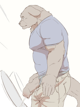 anthro big_penis bodily_fluids bottomwear clothing flaccid foreskin genital_fluids genitals humanoid_genitalia humanoid_hands humanoid_penis kemono male male_peeing muscular muscular_anthro muscular_male pants peeing penis shirt simple_background solo thick_penis topwear underwear urinal urine kumao canid canine canis domestic_dog mammal 2020 3:4 hi_res