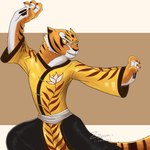 anthro clothed clothing female fighting_pose fur orange_body pose simple_background smile solo standing striped_body stripes tail zzommie dreamworks kung_fu_panda master_tigress felid mammal pantherine tiger 1:1 digital_media_(artwork) hi_res