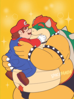 anthro biped bulge butt butt_grab clothing duo eyes_closed facial_hair gloves hand_on_butt handwear human_on_anthro humanoid_hands interspecies kissing male male/male mustache navel overalls overweight overweight_male simple_background size_difference standing underwear yellow_background spacepanda mario_bros nintendo bowser mario human mammal 2026 hi_res