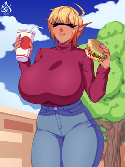 beverage big_breasts blonde_hair breasts burger clothed clothing eating female food hair huge_breasts humanoid_pointy_ears not_furry pointy_ears solo souladdicted viviana_(souladdicted) cyclops humanoid 3:4 absurd_res hi_res