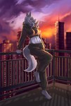 anthro bottomwear brown_clothing city city_background clothing cropped_hoodie female fur grey_body grey_fur grey_hair hair leaning looking_away midriff navel pants solo sunset sweatpants tail topwear yellow_eyes missachan rayne_(antillion123) canid canine canis mammal wolf 2023 absurd_res digital_media_(artwork) hi_res signature