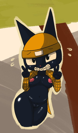 5_fingers anthro beanie big_eyes black_body black_fur blush bottomless braces clothed clothing female fingers fur furgonomic_headwear furgonomics genitals gesture hand_gesture hat headgear headwear looking_at_viewer navel nipples no_irises open_clothing open_shirt open_topwear outside pattern_clothing pattern_shirt pattern_topwear pink_nose plaid plaid_clothing plaid_shirt plaid_topwear plant pointy_ears prick_ears red_nipples shirt simple_background smile smiling_at_viewer solo standing teeth_showing topwear tree v_sign vulva wide_smile yellow_beanie yellow_clothing yellow_hat yellow_headwear yellow_shirt yellow_topwear vono webfishing braces_cat domestic_cat felid feline felis mammal digital_drawing_(artwork) digital_media_(artwork) half-length_portrait hi_res portrait