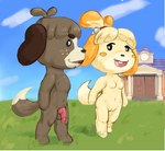 animal_genitalia animal_penis anthro balls breasts canine_genitalia canine_penis casual_nudity cloud duo female genitals grass knot male markings nude nudist penis plant public pussy sky tail tail_markings town_hall tranquillement animal_crossing nintendo digby_(animal_crossing) isabelle_(animal_crossing) canid canine canis domestic_dog mammal brother_(lore) brother_and_sister_(lore) sibling_(lore) sister_(lore) twins_(lore)