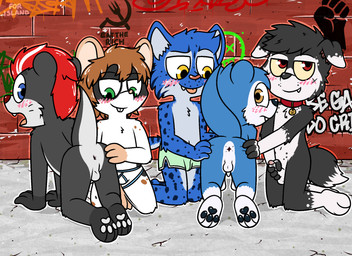 anthro anus assisted_exposure backsack balls butt clothed clothing erection fur genitals group hair male male/male nude penis spread_anus spread_butt spreading topless underwear young pokefound bobcat canid canine canis felid feline lynx mammal murid murine mustelid otter rat rodent wolf hi_res