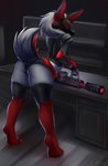 anthro armor ass_up butt clothing female fluffy fur gun looking_at_viewer machine pose ranged_weapon red_body red_fur rifle solo standing_on_toes weapon white_body white_fur raveshaneart noisy_(redace83) protogen 2020 absurd_res hi_res pinup