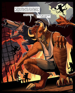 blue_eyes bomb bottomwear brown_body brown_fur cannon claws clothing crouching ear_piercing explosion explosives eye_patch eyewear facial_piercing fangs fire fur gun horn looking_at_viewer male markings melee_weapon moon nose_piercing nose_ring orange_eyes paws piercing pirate ranged_weapon red_body red_eyes red_fur rifle ring_piercing ship shirt shorts speech_bubble spots spotted_body spotted_fur sword tail tank_top teeth text topwear vehicle watercraft weapon yellow_eyes viggo guild_wars charr felid mammal skritt absurd_res comic english_text hi_res