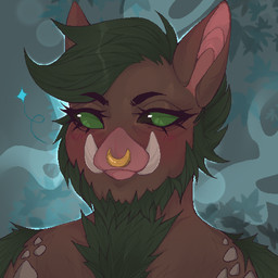 abstract_background ambiguous_gender anthro black_sclera brown_body brown_ears brown_fur eyelashes front_view fur glistening glistening_eyes glistening_hair green_body green_eyes green_fur green_hair hair mouth_closed no_pupils nude red_inner_ear red_nose short_hair solo tusks unsigned smogville mammal suid suine 1:1 bust_portrait hi_res icon portrait