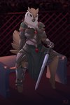 anthro armor beak bench boob_armor female gem knight melee_weapon metal neck_tuft sitting solo sword tail tuft warrior weapon halu avian bird owl 2:3 absurd_res hi_res