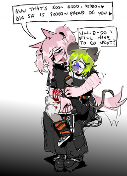 alternative_fashion anthro arm_warmers armwear blood bodily_fluids bottomwear chain clothing coercion cutting dialogue duo emo gore gynomorph happy_gore intersex intersex/intersex leg_warmers legwear piercing pigtails questionable_consent scene_(fashion) self-harm skirt tail tail_motion tailwag young bravobunny bravo_(bravobunny) lily_brambles canid canine canis mammal mouse murid murine rodent wolf hi_res