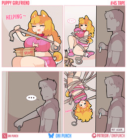 :3 accident bare_shoulders big_breasts blonde_hair blush bodily_fluids bottomwear box breasts cardboard cardboard_box clothing container crop_top crying door dot_eyes duo ellipsis eyelashes faceless_character faceless_human faceless_male female footwear hair hanging_from_ceiling huge_breasts long_hair male midriff miniskirt navel nervous nervous_smile nervous_sweat open_:3 open_mouth pink_bottomwear pink_clothing pink_crop_top pink_footwear pink_shirt pink_shoes pink_skirt pink_topwear sad shirt shoes simple_eyes skirt sweat tape tears text thick_thighs tilde_after_text topwear onigiri_punch animal_humanoid canid canid_humanoid canine canine_humanoid dog_humanoid human humanoid mammal mammal_humanoid absurd_res comic english_text hi_res