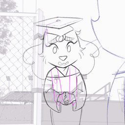 ambiguous_gender anthro biped duo eyelashes eyeliner eyewear female glasses graduation_cap graduation_robe hair long_hair makeup short_hair smile stadium whiskers itsdanfango jalei_(itsdanfango) julie_(itsdanfango) canid canine canis domestic_cat domestic_dog felid feline felis mammal 1:1 2024 2d_animation animated sketch unfinished