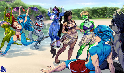 bikini_removed female flexing grass_skirt group hula male muscular muscular_female running kinojaggernov abigail_nimev allison_(kinojaggernov) ark_celosar_(polokun) chad_hodgeson christina_hodgeson kina_jardine lisa_kransen mer-ankhes_moswen amphibian aquatic canid canine canis equid equine eulipotyphlan fish frog hedgehog horse lizard mammal reptile scalie shark wolf