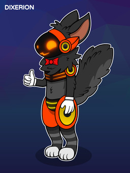 anthro bow_(feature) bow_tie clothing fluffy fluffy_tail fur gesture gloves gradient_background grey_body grey_fur hair hand_gesture handwear happy machine male mane screen screen_face simple_background smile solo standing tail thumbs_up dixerion dix_(dixerion) protogen 3:4 absurd_res flat_colors hi_res shaded simple_shading watermark