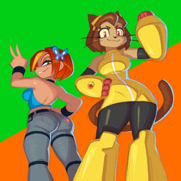 accessory anthro arm_cannon belt breasts brown_body brown_hair butt duo eyewear eyewear_on_head female gesture goggles goggles_on_head hair hair_accessory hand_gesture hand_on_hip magenta_eyes ranged_weapon side_boob smile v_sign weapon weapon_arm whiskers wide_hips yellow_sclera captain_molasses gameoverse glitch_productions planetronika butterfly_(planetronika) kit_bodega domestic_cat felid feline felis human mammal 1:1 crossover hi_res