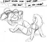 anthro asinus big_breasts black_and_white bovid breasts caprine clothed clothing counter dialogue donk_sis_(hladilnik) donkey english_text equid equine female hi_res hladilnik jane_doe_(hladilnik) mammal mask monochrome sheep text wrestling wrestling_match