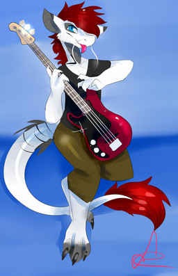 anthro bass_guitar clothed clothing guitar looking_at_viewer male musical_instrument plucked_string_instrument solo string_instrument tail tail_tuft tongue tongue_out tuft amethystdust asian_mythology east_asian_mythology mythology dragon eastern_dragon mythological_creature mythological_scalie scalie hi_res