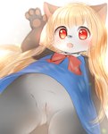 5_fingers anthro blonde_hair blush bottomless clothed clothing female female_anthro fingers flat_chested genitals hair innie_pussy kemono loli looking_at_viewer low-angle_view no_underwear pawpads pink_pawpads pussy red_eyes solo upskirt young young_anthro young_female niwani_watori futaba_channel akuma_gaoru canid canine canis mammal wolf hi_res