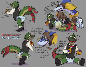 2_tails anthro bartender biped blue_body blush bodily_fluids bow_tie clean_diaper clothed clothing dialogue diaper diaper_change duo embarrassed feces genital_fluids green_body grey_background hat headgear headwear male multi_tail open_diaper rear_view sagging_diaper simple_background size_difference soiled_diaper soiling solo spiked_tail spikes spikes_(anatomy) tail text unclean_diaper uniform urine used_diaper wearing_diaper wet_diaper crackajackin legendz mythology nintendo dandy_(legendz) shiron crocodile crocodilian dragon mythological_creature mythological_scalie reptile scalie 2023 digital_media_(artwork) english_text hi_res multiple_scenes