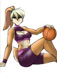 anthro athletic athletic_anthro blonde_hair blue_eyes breasts female hair holding_basketball navel simple_background sitting solo white_background fyrephase looney_tunes warner_brothers lola_bunny lagomorph leporid mammal rabbit 2021 hi_res