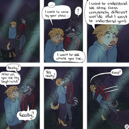 6_panel_comic anthro barefoot black_hair blonde_hair blue_eyes bottomwear brown_eyes clothing dialogue duo ellipsis excited facial_scar feet flannel_shirt fur grabbing_another grey_body grey_fur hair hand_in_pocket hands_behind_back hoodie kissing logo male male/male night outside page_number pants plant pockets question_mark scar shrub smile smiling_at_another speech_bubble tail tail_motion tailwag text topwear walking yellow_body yellow_fur kriek_wildebeest jeremy_(kriek_wildebeest) tom_(kriek_wildebeest) border_collie canid canine canis collie domestic_dog herding_dog husky hybrid mammal nordic_sled_dog pastoral_dog sheepdog spitz wolf artist_logo comic english_text hi_res multiple_scenes