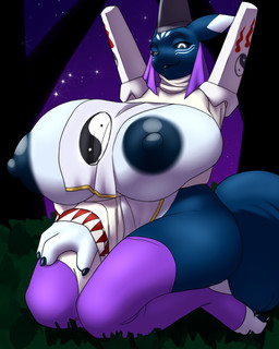 areola big_breasts breasts clothing female hat headgear headwear huge_breasts hyper hyper_breasts kneeling legwear markings nipples stockings furball bandai_namco digimon azula_(azurekyuubi88) digimon_(species) taomon 4:5 hi_res
