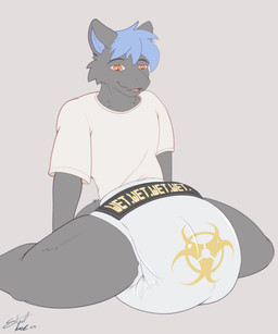anthro biohazard_symbol bodily_fluids clothing diaper digital_display front_view fur genital_fluids hazard_symbol led_light looking_down male open_mouth open_smile print_diaper shirt sitting smile solo symbol t-shirt topwear unclean_diaper urine used_diaper wet_diaper steelshark mythology dragon furred_dragon furred_scalie mythological_creature mythological_scalie scalie 5:6 absurd_res hi_res