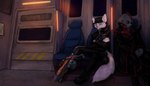 4_fingers anthro boots clothing duo fingers footwear gun hat headgear headwear jacket male pulse_rifle ranged_weapon rifle seatbelt shoes sitting sleeping space spacecraft star tail topwear vehicle weapon kirkir canid canine canis mammal wolf 2020 digital_drawing_(artwork) digital_media_(artwork) signature