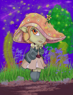 boots chibi clothing dress female footwear jacket legwear medium_hair mushroom_cap shoes shy solo thigh_boots thigh_highs topwear demonceelin meadu_(mushroomgob) goblin humanoid colored hi_res