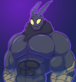 abs antennae_(anatomy) anthro bandage biceps big_muscles grey_body grey_skin huge_muscles male muscular muscular_anthro muscular_male neck_tuft pecs purple_background simple_background solo tuft behemoffs arthropod insect lepidopteran moth absurd_res hi_res