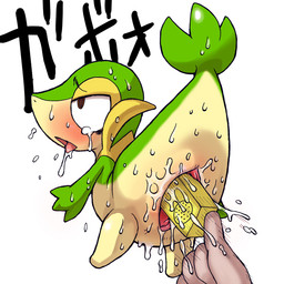 blush bodily_fluids brown_eyes disembodied_hand duo female feral from_behind_position gaping gaping_vagina genital_fluids genitals improvised_dildo improvised_sex_toy interspecies open_mouth penetration pokephilia saliva sex simple_background speaker sweat tears text tongue tongue_out vaginal vaginal_fluids vulva white_background conigliooo nintendo pokemon generation_5_pokemon human mammal pokemon_(species) reptile scalie snivy 1:1 japanese_text