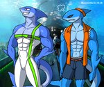 abs anthro blue_body clothed clothing duo male male/male multicolored_body muscular muscular_anthro muscular_male navel off_shoulder open_clothing red_eyes two_tone_body yellow_eyes alkan kashiver rova_(alkan) fish marine shark 6:5 absurd_res hi_res