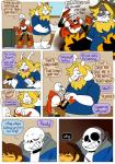 anthro beard bone dialogue facial_hair fire fur group horn humor long_ears male mature_anthro mature_male scarf skeleton text trash white_body white_fur plumfsh undertale undertale_(series) asgore_dreemurr frisk_(undertale) papyrus_(undertale) sans_(undertale) animated_skeleton boss_monster_(undertale) bovid caprine human humanoid mammal undead absurd_res comic english_text hi_res