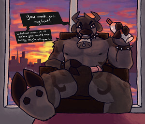 alcohol anthro beverage black_body black_fur bulge choker clothing collar cowbell_collar dialogue dialogue_box dominant dominant_male drunk erection feet foot_fetish foot_focus fur furniture genitals hooves humanoid_genitalia humanoid_penis jewelry male male/male muscular muscular_male necklace penis sitting smile sofa solo spiked_collar spikes substance_intoxication sunset table thick_thighs underwear vodka catchthetigerr tigerrbites jasper_(tigerrbites) bovid bovine cattle mammal
