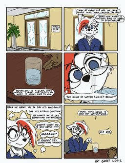 ambiguous_gender anthro big_glasses blue_clothing blue_eyes blue_jacket blue_topwear cheek_tuft clock clothed clothing container cup desk dialogue duo eyewear facial_tuft female formal_wear fully_clothed fur furniture glasses hair highlights_(coloring) inner_ear_fluff inside jacket job_interview mostly_offscreen_character red_highlights ring round_glasses shirt short_hair sitting solo speech_bubble table tail text topwear tuft watch white_body white_clothing white_fur white_hair white_shirt white_topwear yttrium_(artist) vixen_logic arctica_(vixen_logic) arctic_fox canid canine fox mammal true_fox animated animated_gif colored comic english_text hi_res shaded short_playtime