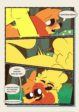 anthro beak blush detailed_background dialogue duo flower forest fur heart_symbol lying lying_on_another male male/male multicolored_body multicolored_fur on_front orange_body patreon_logo pinned plant speech_bubble tail text tree yellow_body alexboom11 comet_kat mob_entertainment patreon poppy_playtime smiling_critters dogday_(poppy_playtime) kickinchicken avian bird canid canine chicken galliform mammal phasianid comic english_text hi_res
