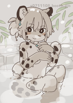 bath black_eyes blush blush_lines breasts covering covering_breasts covering_crotch eyelashes female fur hot_spring leaf male markings navel nude spots spotted_body spotted_fur water yagi_the_goat felid mammal pantherine snow_leopard digital_drawing_(artwork) digital_media_(artwork) hi_res