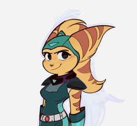 anthro belt black_eyes breasts clothing eyebrows female fur gloves handwear headgear headwear smile solo stripes yellow_body yellow_fur time_fluffy500 ratchet_and_clank sony_corporation sony_interactive_entertainment angela_cross lombax mammal 2026