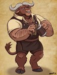 anthro apron body_hair cleaning_rag clothing eye_patch eyewear facial_piercing frown hooves male muscular muscular_male nose_piercing nose_ring piercing ring_piercing septum_piercing septum_ring solo nanoff bovid bovine cattle mammal 2025 3:4 hi_res