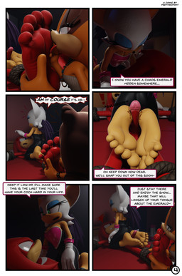 5_toes anthro barefoot dialogue feet female foot_fetish foot_focus foot_lick foot_play footjob genitals group licking male male/female penile penis sex soles speech_bubble text toes tongue trio feetymcfoot sega sonic_boom sonic_the_hedgehog_(series) knuckles_the_echidna rouge_the_bat sticks_the_jungle_badger bat echidna mammal monotreme procyonid raccoon 3d_(artwork) absurd_res comic digital_media_(artwork) english_text hi_res